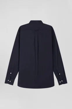 Regular plain navy blue mixed stretch cotton shirt