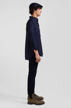 Regular plain navy blue mixed stretch cotton shirt