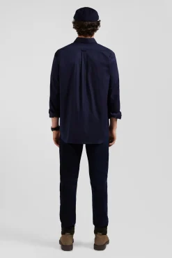 Regular plain navy blue mixed stretch cotton shirt