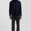 Regular plain navy blue piqué cotton shirt