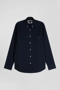 Regular plain navy blue piqué cotton shirt