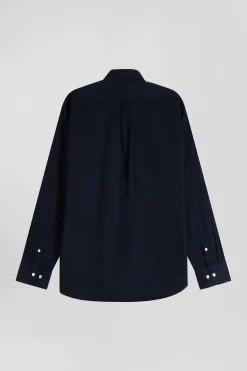 Regular plain navy blue piqué cotton shirt