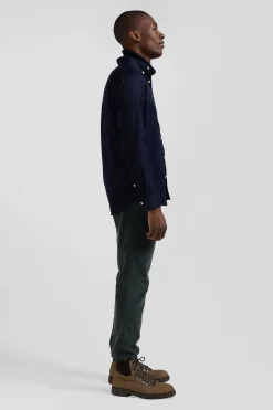 Regular plain navy blue piqué cotton shirt