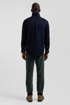 Regular plain navy blue piqué cotton shirt