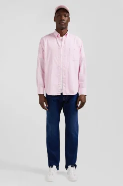 Regular plain pink cotton shirt with button-down collar and chest pocket