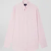 Regular plain pink cotton twill shirt with button-down collar