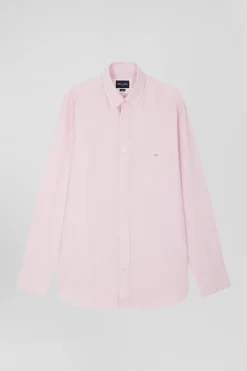 Regular plain pink cotton twill shirt with button-down collar