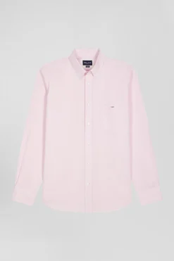 Regular plain pink cotton shirt with button-down collar and chest pocket