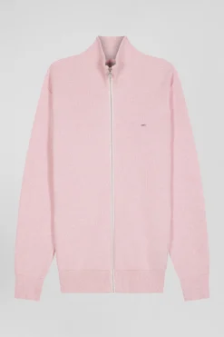 Regular plain pink cotton high collar zipped cardigan