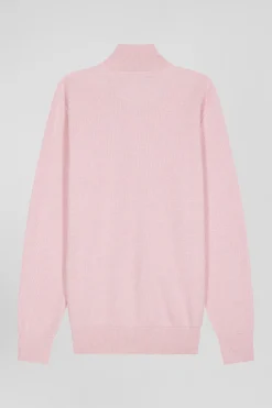 Regular plain pink cotton high collar zipped cardigan