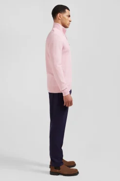 Regular plain pink cotton high collar zipped cardigan