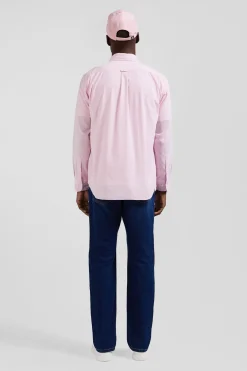 Regular plain pink cotton shirt with button-down collar and chest pocket