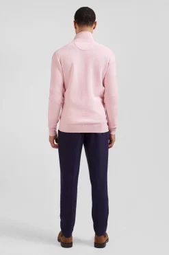 Regular plain pink cotton high collar zipped cardigan
