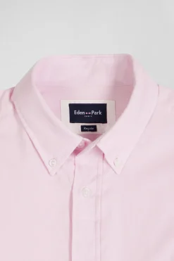 Regular plain pink cotton shirt with button-down collar and chest pocket