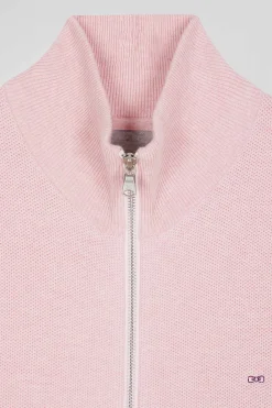 Regular plain pink cotton high collar zipped cardigan