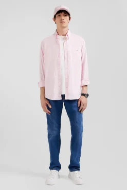 Regular plain pink mixed stretch cotton shirt