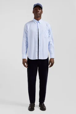 Regular plain sky blue cotton shirt with button-down collar and chest pocket