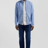 Regular plain sky blue cotton high collar zipped cardigan