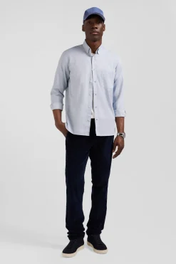 Regular plain sky blue cotton twill shirt with button-down collar