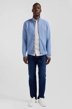 Regular plain sky blue cotton high collar zipped cardigan