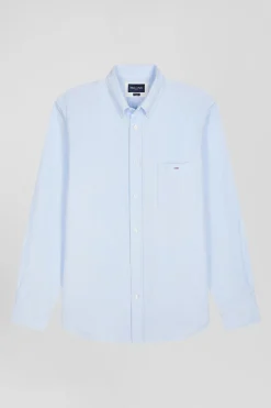 Regular plain sky blue cotton shirt with button-down collar and chest pocket