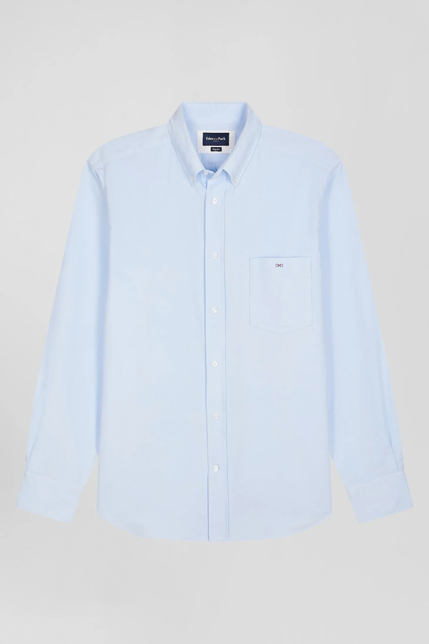 Regular plain sky blue cotton shirt with button-down collar and chest pocket