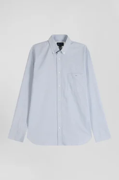 Regular plain sky blue cotton twill shirt with button-down collar