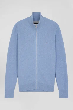 Regular plain sky blue cotton high collar zipped cardigan