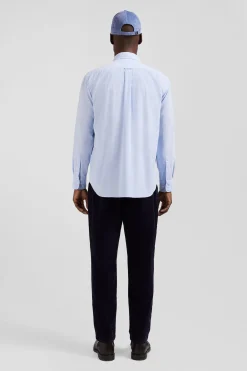 Regular plain sky blue cotton shirt with button-down collar and chest pocket