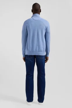 Regular plain sky blue cotton high collar zipped cardigan