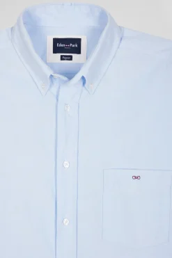Regular plain sky blue cotton shirt with button-down collar and chest pocket