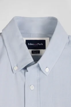 Regular plain sky blue cotton twill shirt with button-down collar