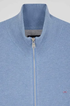 Regular plain sky blue cotton high collar zipped cardigan