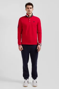 Regular red long-sleeved cotton piqué polo shirt with XV de France embroidery