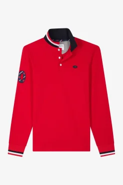 Regular red long-sleeved cotton piqué polo shirt with XV de France embroidery