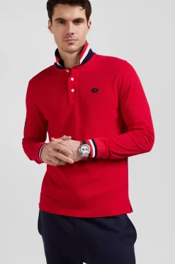 Regular red long-sleeved cotton piqué polo shirt with XV de France embroidery