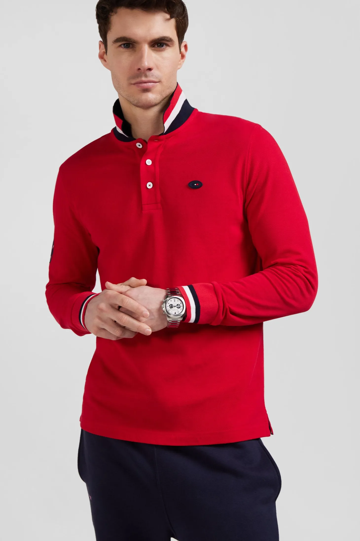 Regular red long-sleeved cotton piqué polo shirt with XV de France embroidery