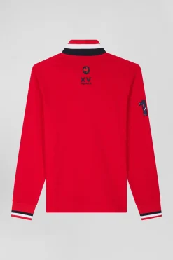 Regular red long-sleeved cotton piqué polo shirt with XV de France embroidery