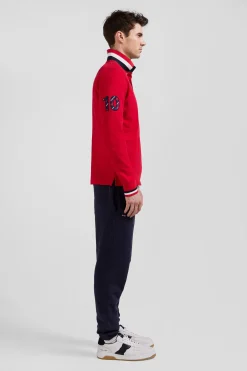 Regular red long-sleeved cotton piqué polo shirt with XV de France embroidery