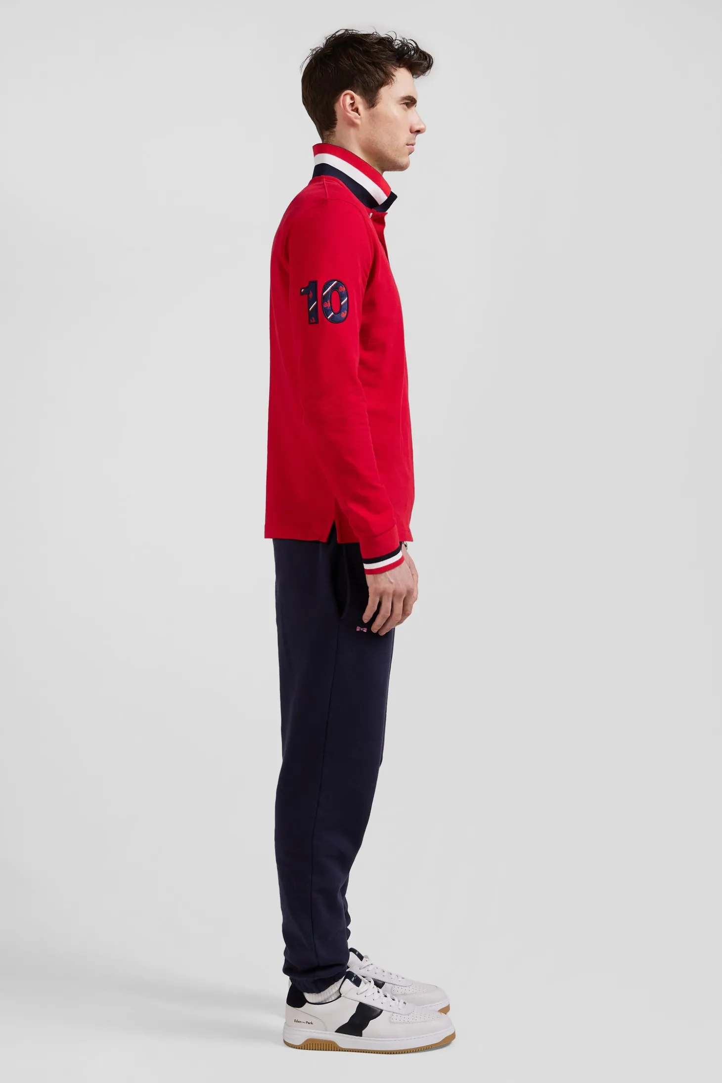 Regular red long-sleeved cotton piqué polo shirt with XV de France embroidery