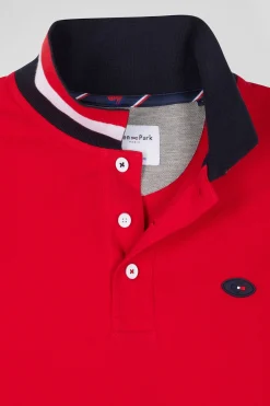 Regular red long-sleeved cotton piqué polo shirt with XV de France embroidery