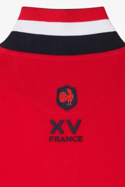 Regular red long-sleeved cotton piqué polo shirt with XV de France embroidery