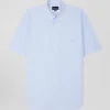 Regular sky blue and white striped cotton short-sleeved shirt