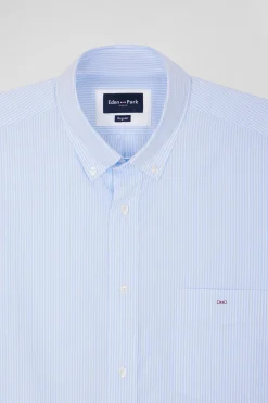 Regular sky blue and white striped cotton short-sleeved shirt