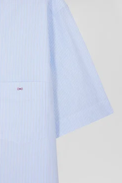Regular sky blue and white striped cotton short-sleeved shirt
