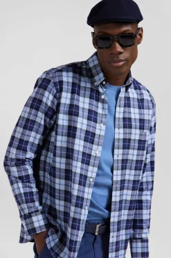 Regular sky blue checked cotton twill shirt