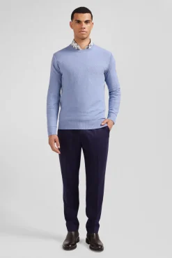 Regular sky blue cotton crew neck jumper