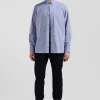 Regular sky blue cotton denim shirt with printed elbow patches