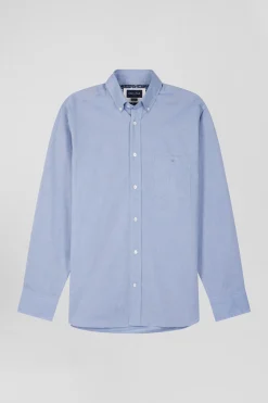 Regular sky blue cotton denim shirt with printed elbow patches
