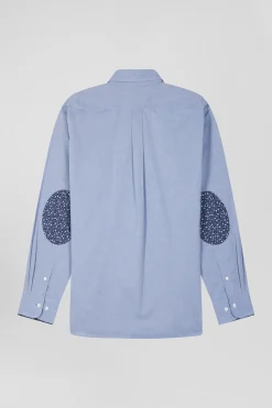 Regular sky blue cotton denim shirt with printed elbow patches